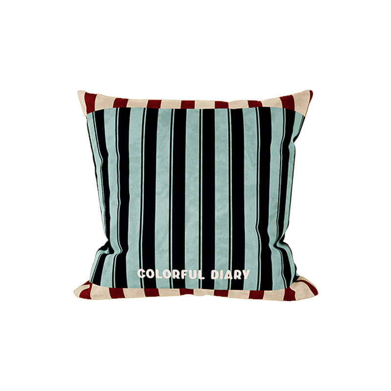 Striped Velvet Square Throw Pillow Cover with Contrast Border and Embroidered Slogan