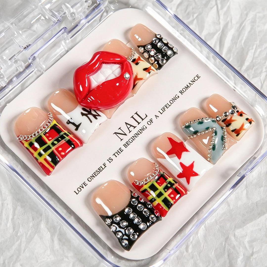 Künstlerisches Press-On-Nagelset mit lustigen Designs