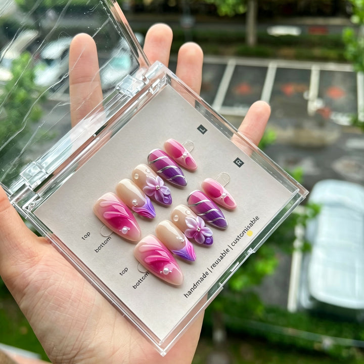 Dekoratives Handgefertigtes Press-On Nagelkunstset mit von Strand inspirierten Designs