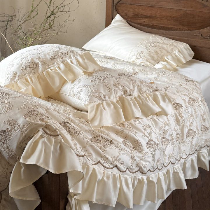 Luxus Gestickte Florale Baumwollsatin Bettbezug Set mit Wellensaum & Wendbarem Satin Rücken