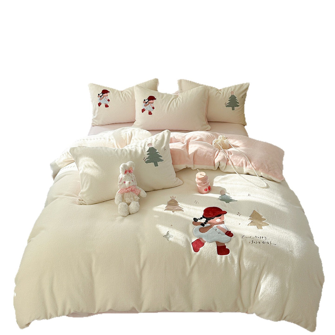 Plush Sherpa Embroidered Winter Cartoon Duvet Cover Set with Reversible Soft Lining and Pillow Shams