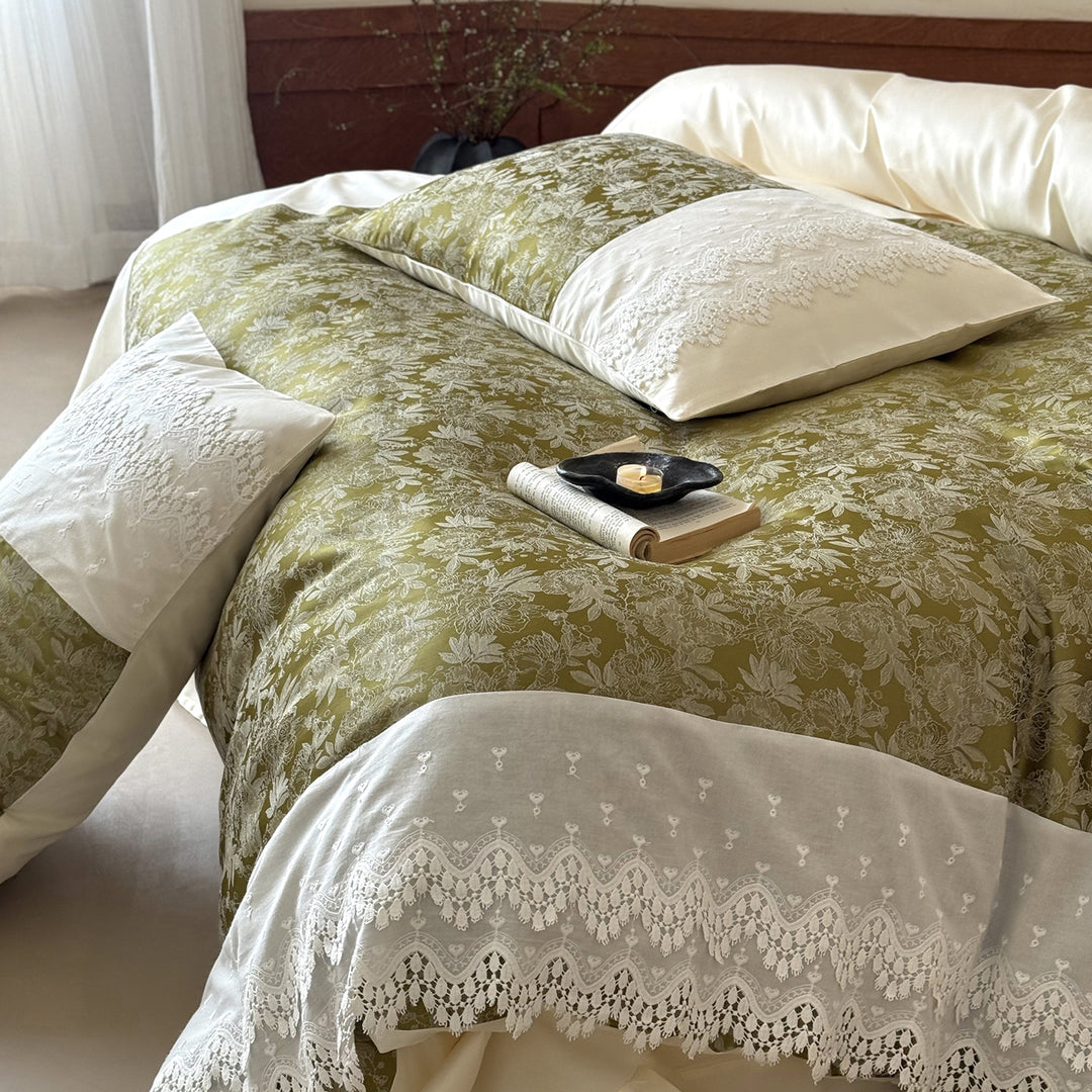 Vintage-inspirierte Jacquard Botanische Bettwäsche Ensemble mit Spitzenläufer & Oxford Kissenbezüge
