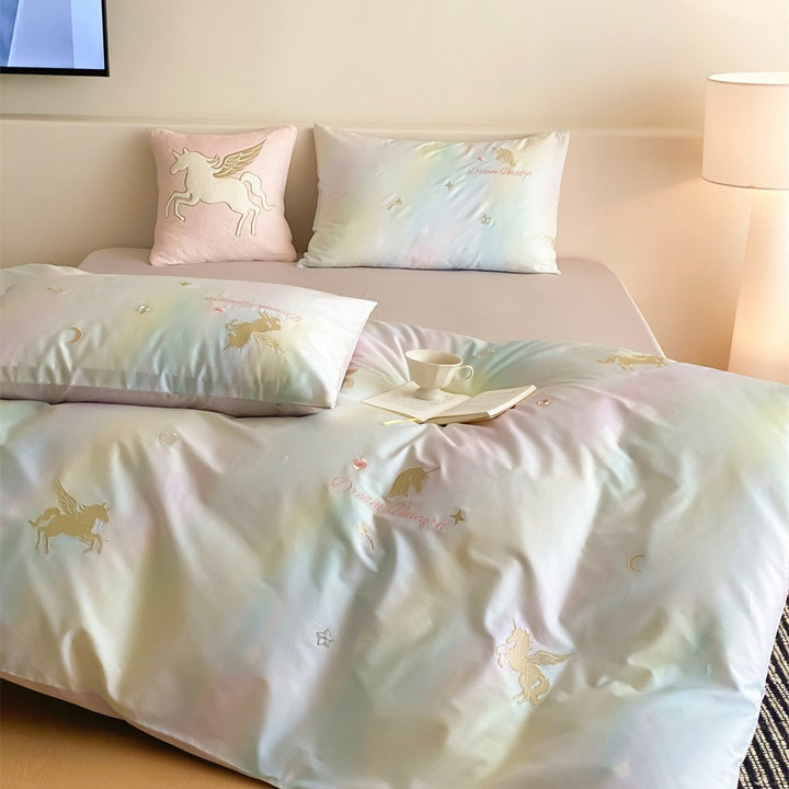 Pastell-Bettbezug-Set mit Einhornstickerei und seidenweichem Satin