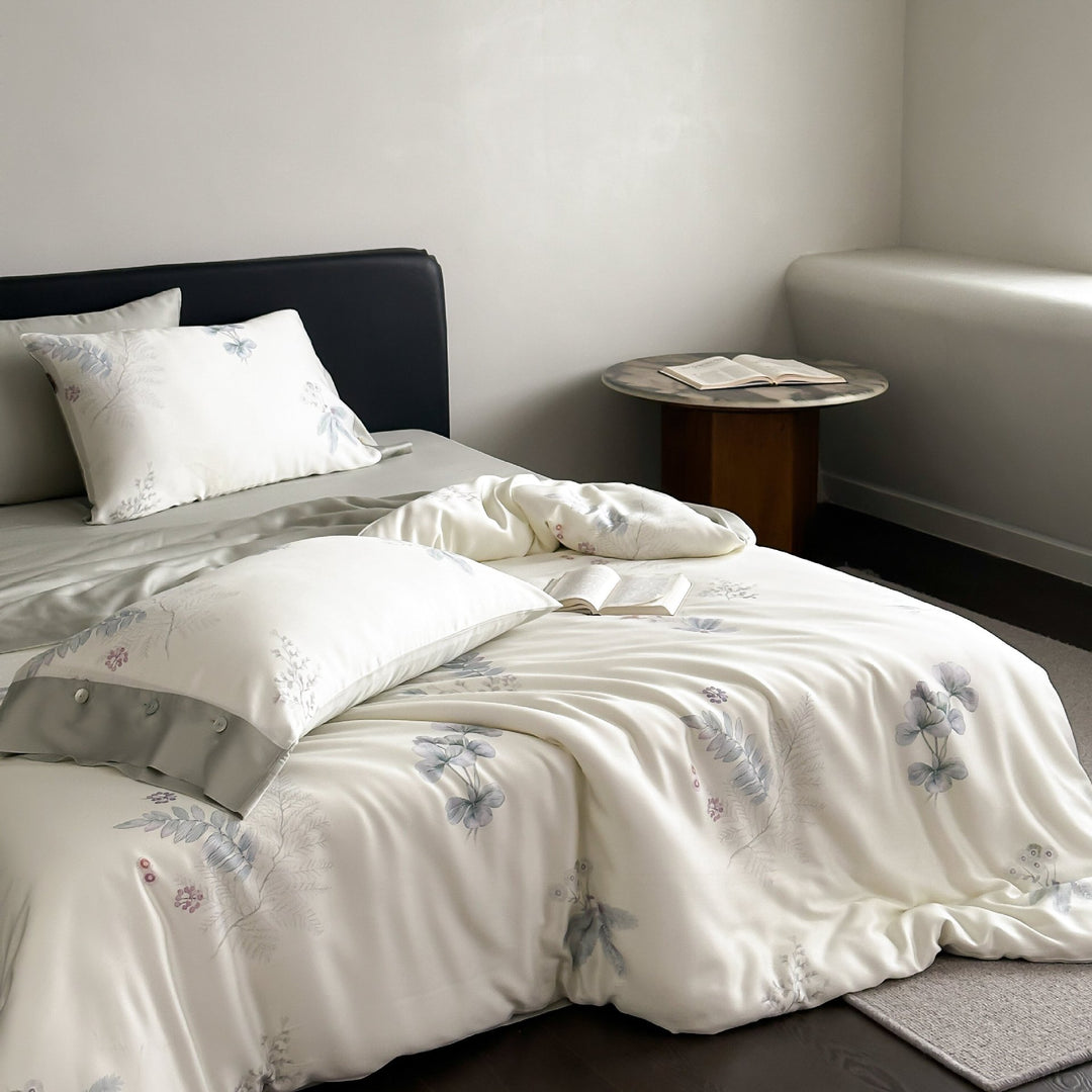 Umkehrbare Satin-Duvetbezug-Set mit botanischem Aquarelldruck