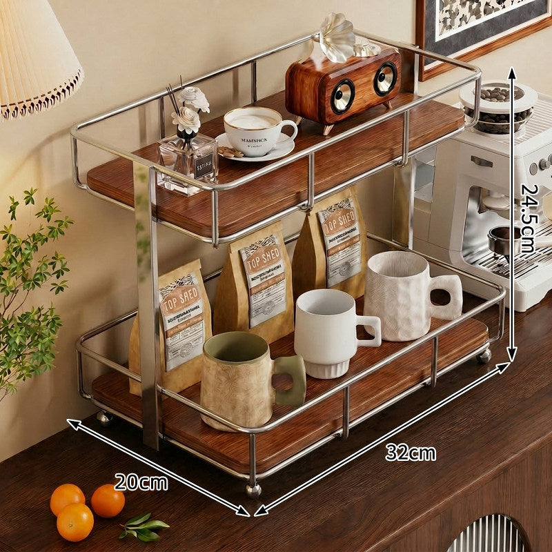 Dual-Tier Arbeitsplatten Kaffee- & Gewürzorganisator mit Metallschutz und Holzregalen