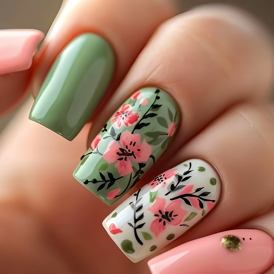 Botanische Blumen Press-On Nagelkunst Karnz
