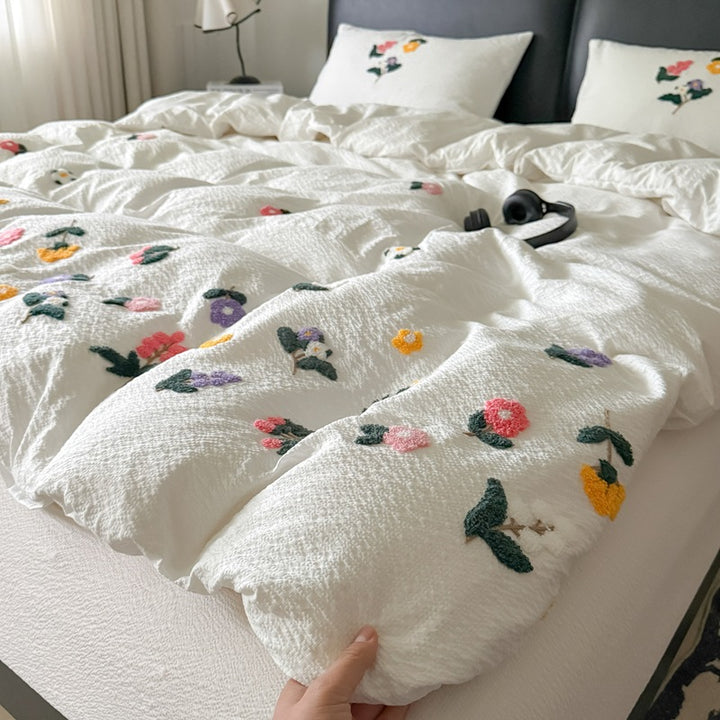 Texturiert Gesticktes Floral Bettbezug-Set mit Tufted Applikation