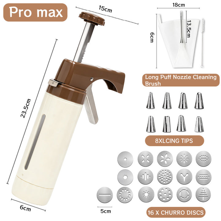 Handheld Cookie Press and Churro Maker with Assorted Piping Discs and Stainless Nozzles