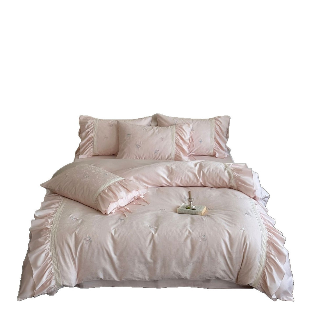 Vintage Floral Jacquard Rüschende Bettdeckenbezug Ensemble mit Knoten-Kissenbezügen und Bett-Rock