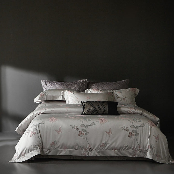 Premium Baumwollsatin-Bettwäschegarnitur mit Aquarell-Blumenprint und feiner Satinbiese