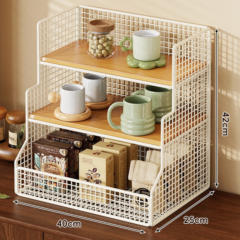 Drei-Tier-Theken-Drahtgeflecht-Regal-Organizer mit Bambusregalen