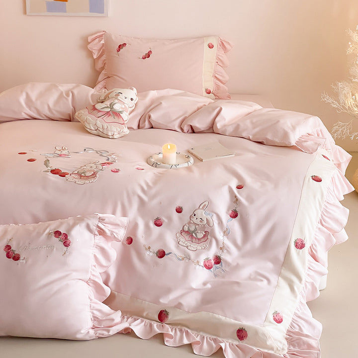Rüschengesticktes Bunny Baumwollsatin Bettbezug Set mit Kissenbezügen