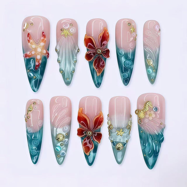 Blumenverzierte Luxus Press-On Nagelset