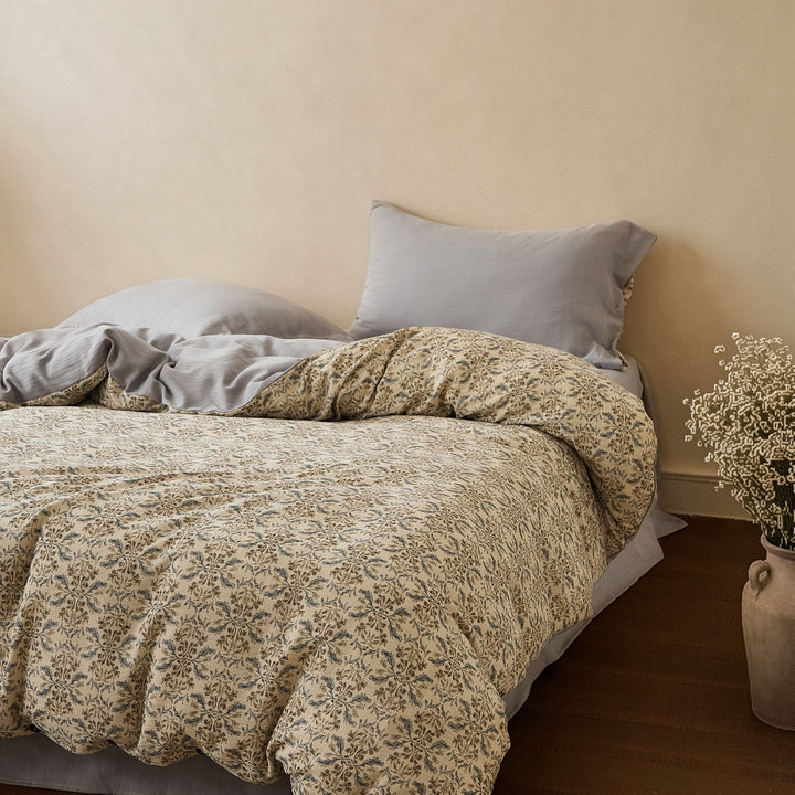 Wendbare Baumwoll-Bettbezugset mit vintage Mikro-Druck und einfarbigem Satinrücken