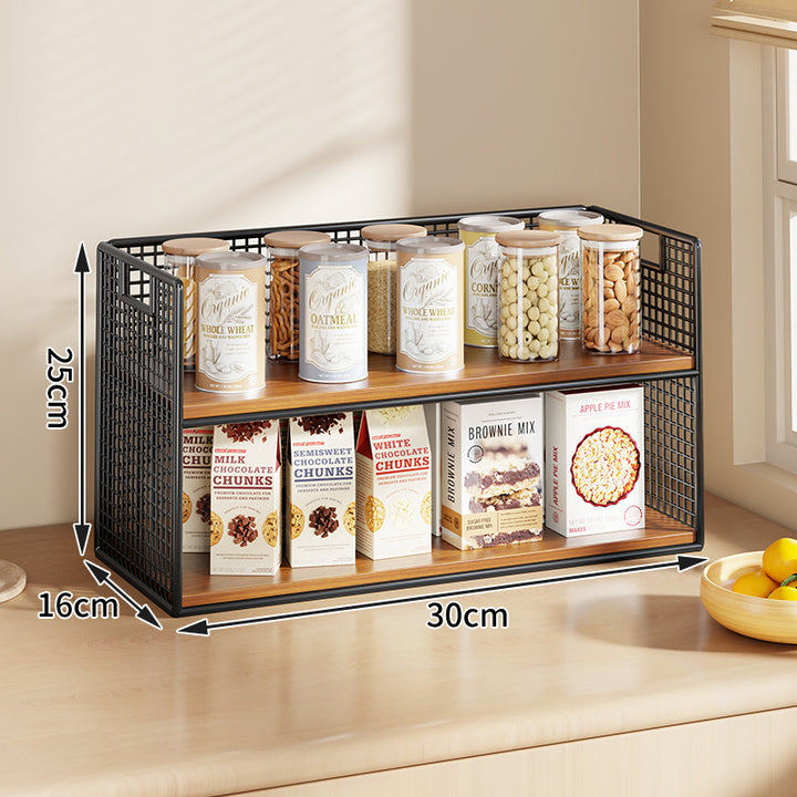 Multi-Ebenen Drahtgitter Arbeitsplatten Vorratsraum Organizer mit Holzregalen und Korb