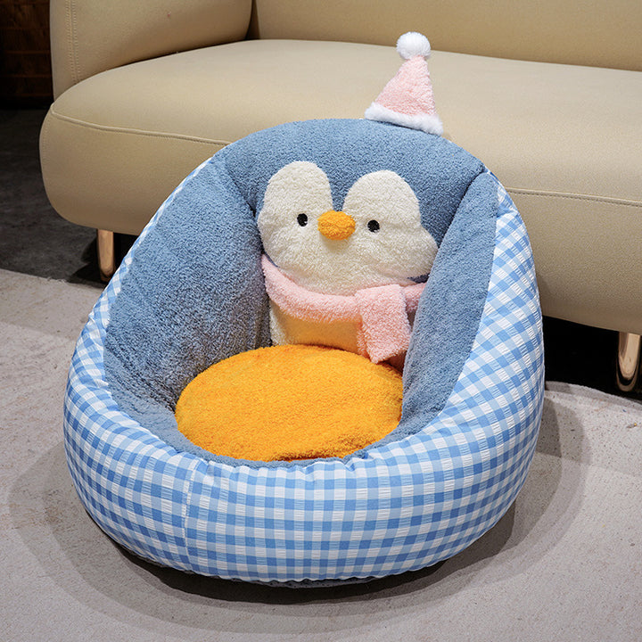 Gemütliches Haustierbett mit Plüsch-Pinguin-Rückenstütze und ergonomischem Kuschelkissen