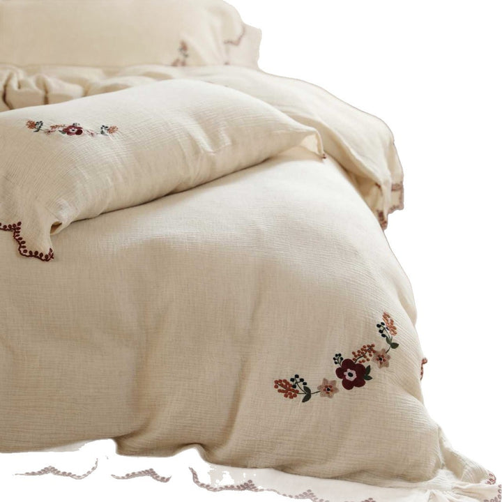 Bestickte florale gewellte Leinen Bettbezug Set