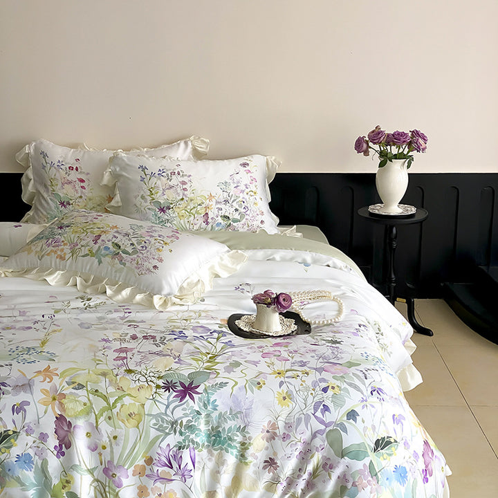 Blumige Baumwollsatin Rüschende Bettwäsche Set