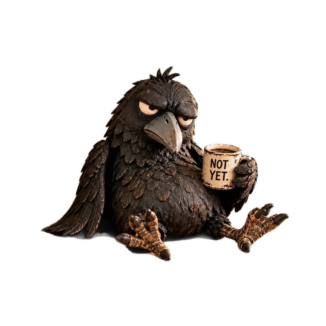 Eigenwillige Krähen Skulptur mit Kaffeetasse Karnz