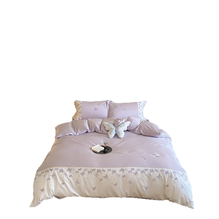 Luxuriöses Satin-Stickerei Schmetterling Bettbezug Set mit gepipten Kissenbezügen
