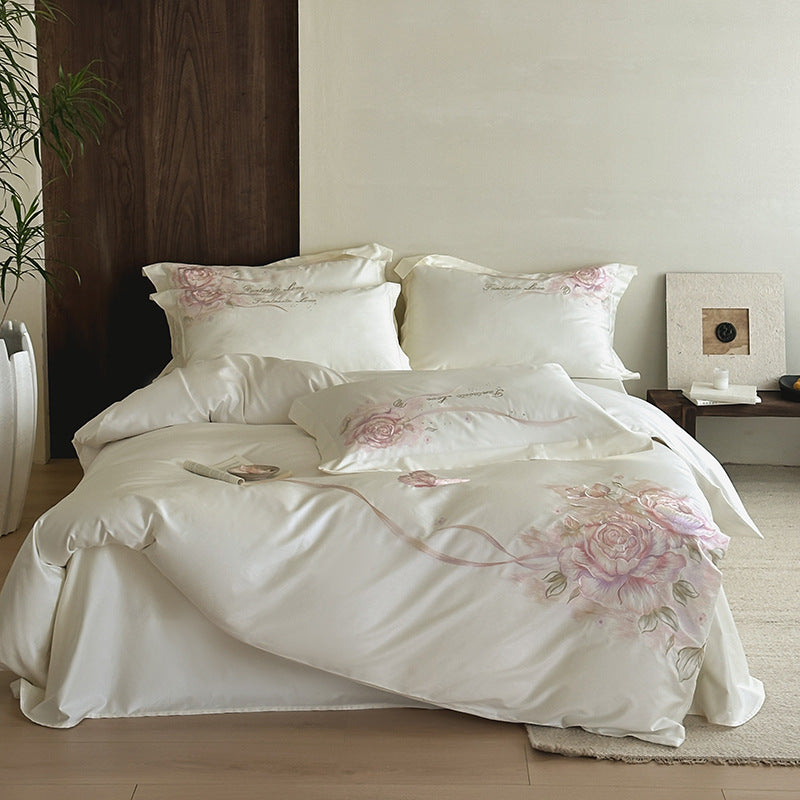Luxuriöses Satin-Bettwäsche-Set mit floraler Stickerei