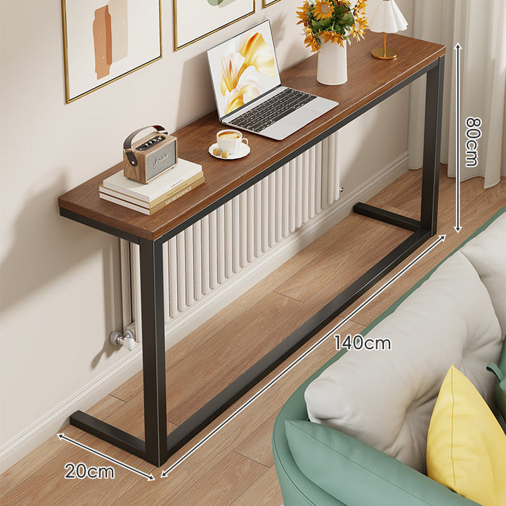 Schlanke schmale Konsole mit weißem Metallrahmen und Holzmaserung-Oberfläche