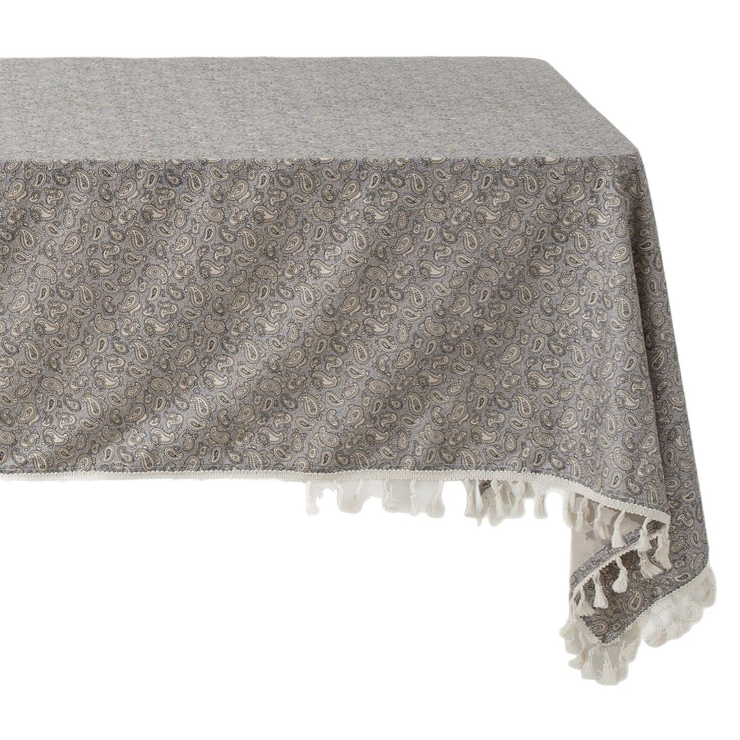 Rechteckige Tischdecke aus Baumwoll-Leinenmischung mit zartem Blumenprint und Quasten