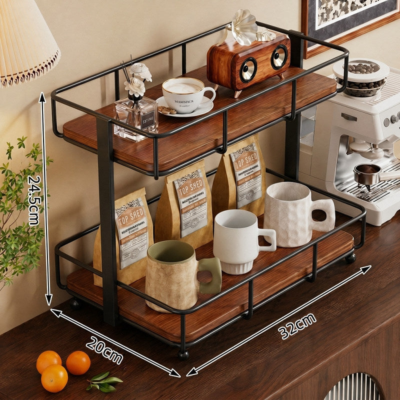 Dual-Tier Arbeitsplatten Kaffee- & Gewürzorganisator mit Metallschutz und Holzregalen
