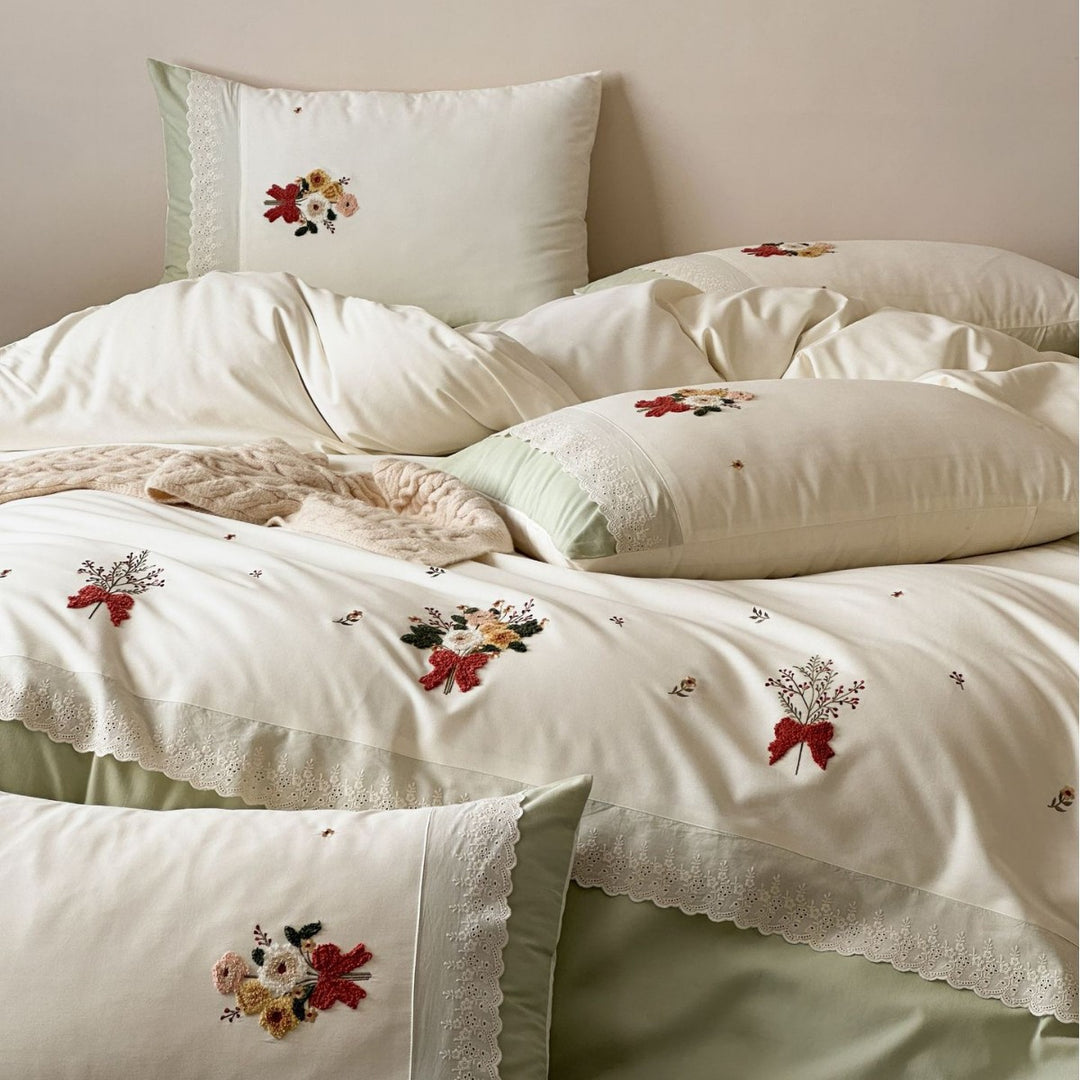 Bestickte Blumen Spitze Baumwolle Bettbezug Set