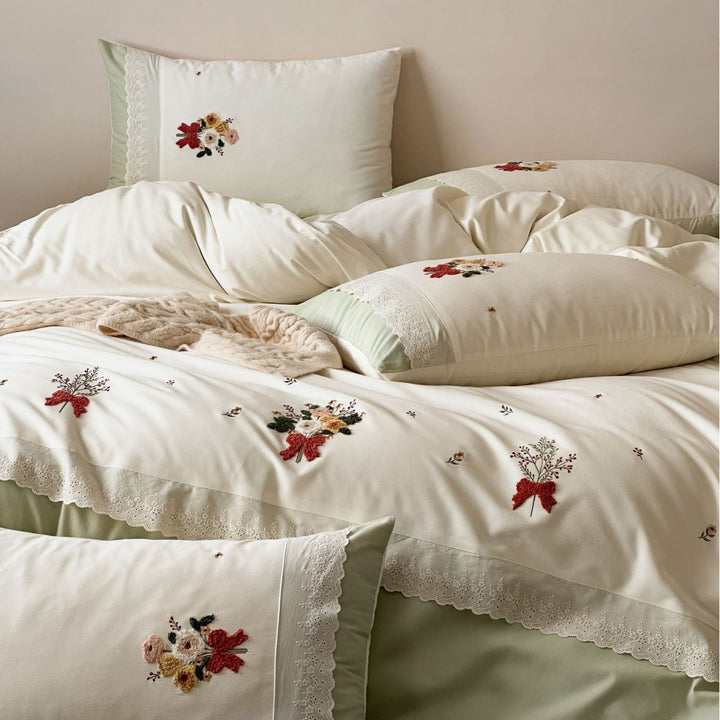 Bestickte Blumen Spitze Baumwolle Bettbezug Set