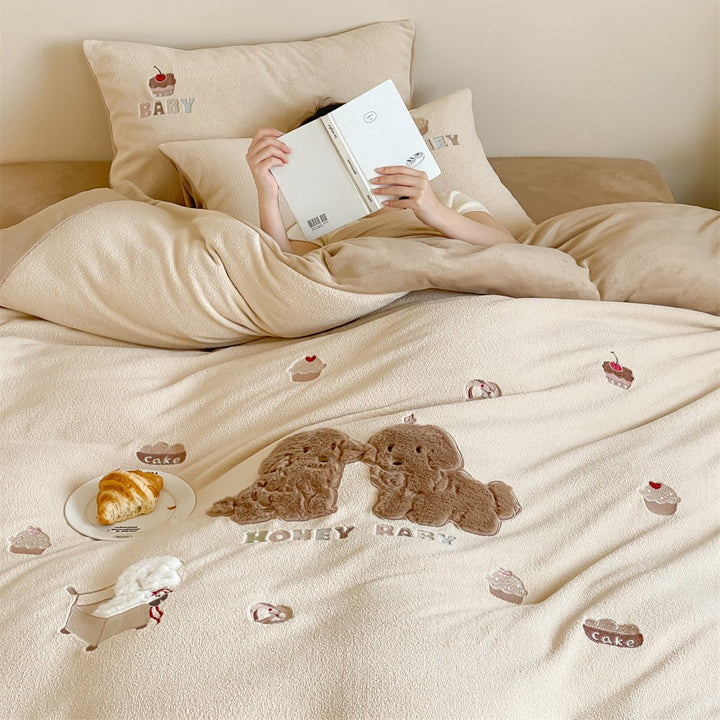 Plüsch bestickter wendbarer Bettbezug Bettwäsche Set mit Applikation Teddy Kissenbezüge