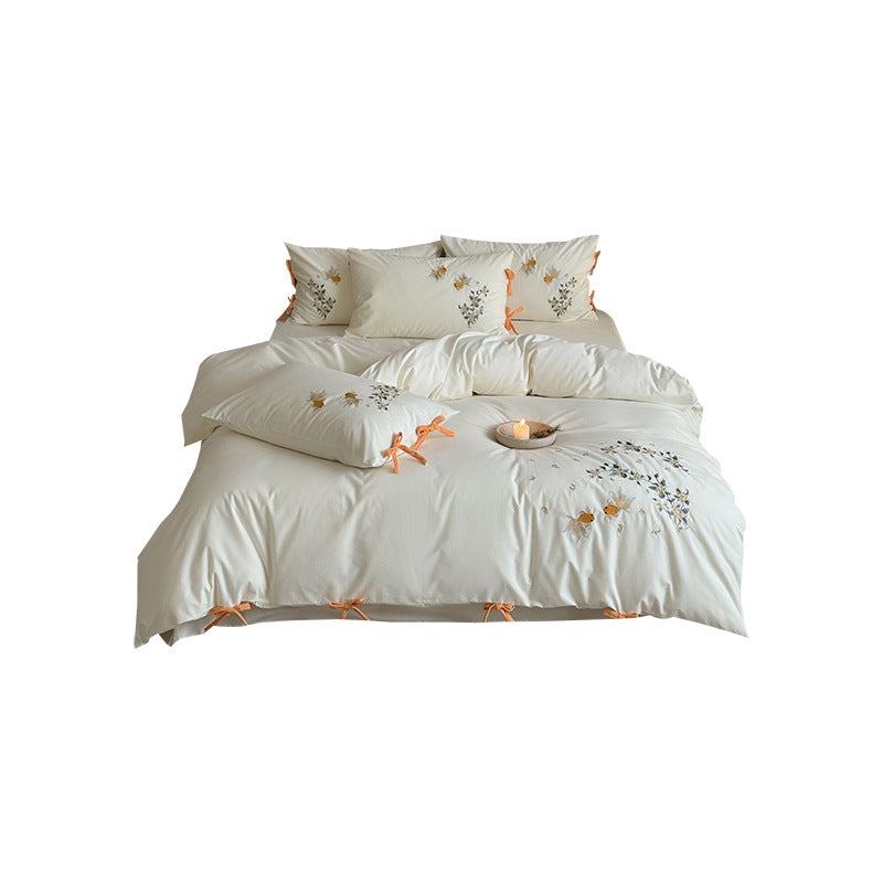 Bestickte Baumwollsatin Bettbezugset mit Goldfischmotiv und Schleifenverschluss