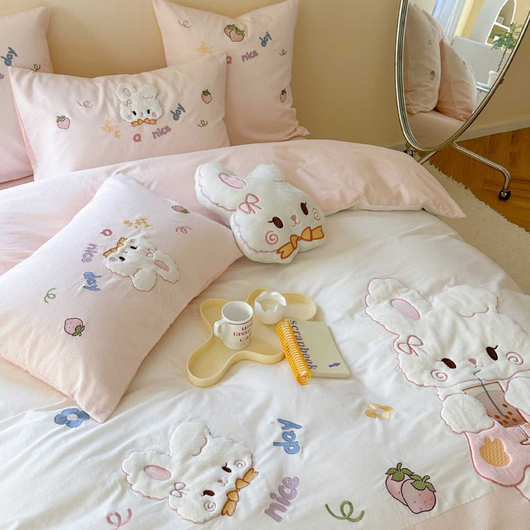 Baumwollgestickter Hase Bettbezug und Kissenbezug Bettwäsche Set
