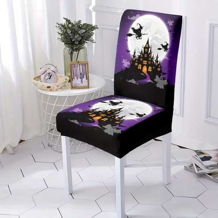 Elastische Stuhlhusse mit Halloween-Schloss und Hexenmotiv, dehnbarer Stuhlbezug für Rückenlehne und Sitz