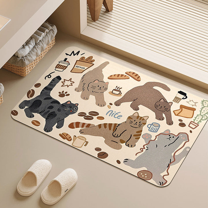 Low-Profile Microfiber Absorbent Floor Mat with Cute Cat & Coffee Illustrations