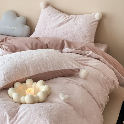 Plüsch Präge Mikrofleece Bettbezug und Kissenbezug Set mit Pom-Pom Akzentkissen