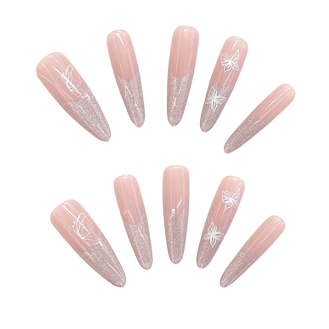 Ausgefallene Glitzer Ombre Press-On Nägel mit künstlerischem Schmetterlingsdesign Karnz