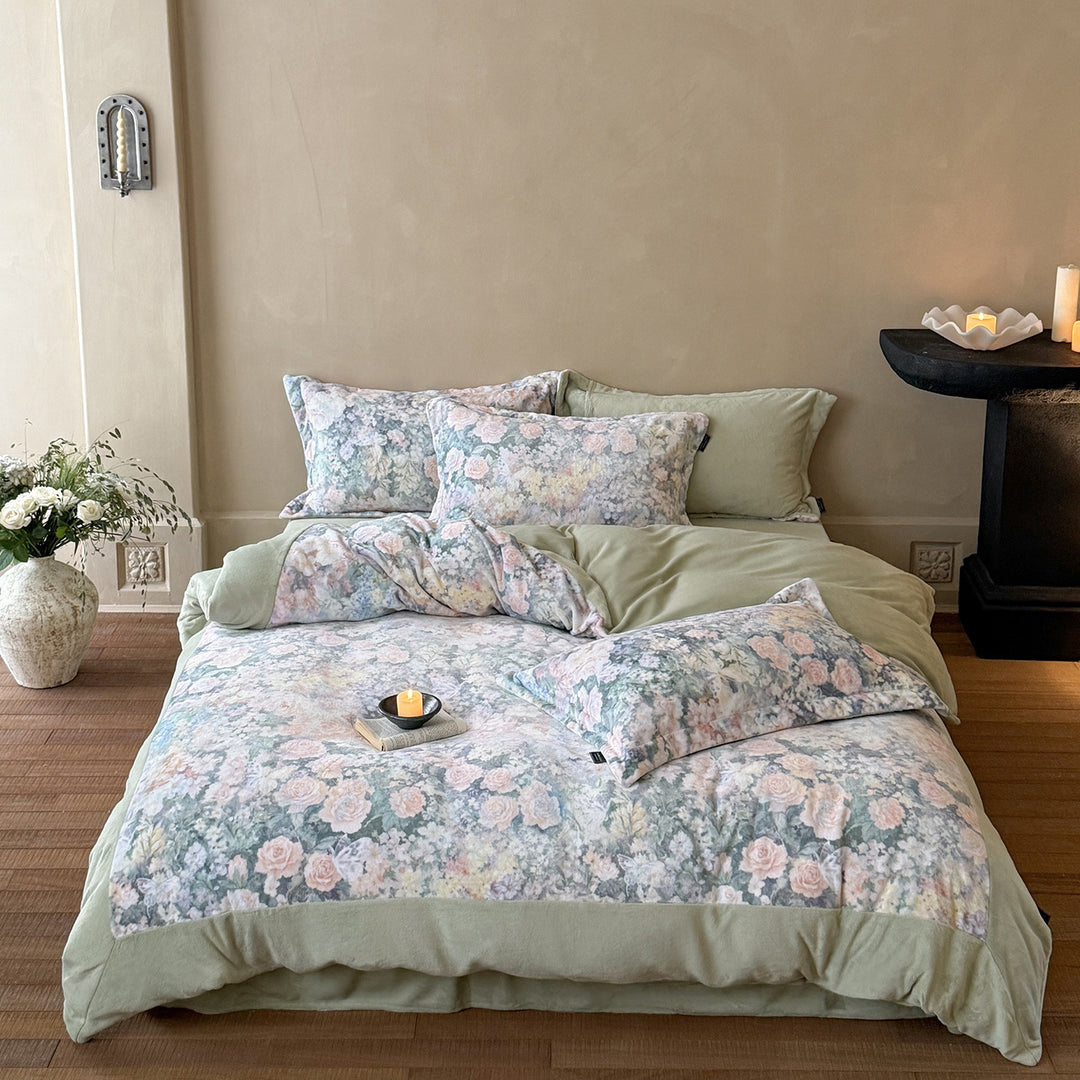 Aquarell Schmetterling Floral Baumwoll Bettbezug Set mit Samtbordüre Kissenbezüge