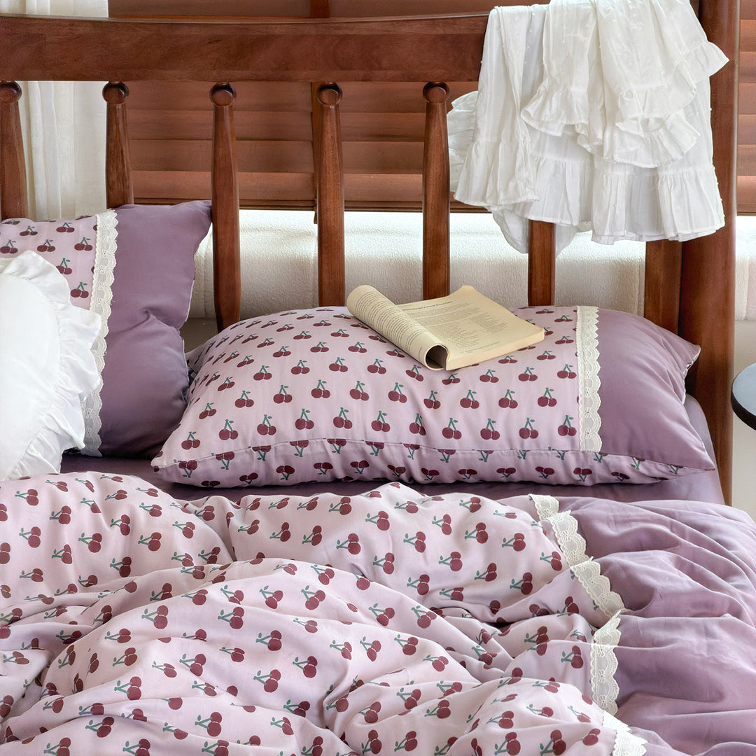 Wendbares Baumwoll-Bettwäscheset mit floralem Aquarellprint und Spitzenrand