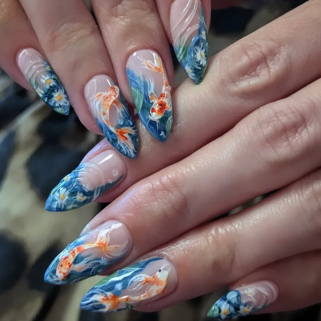 3D Koi Fisch Kunst Stiletto Nagelverlängerungen Karnz
