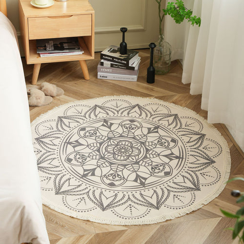 Runder Boho-Baumwollteppich mit Mandala‑Print und Fransenkante