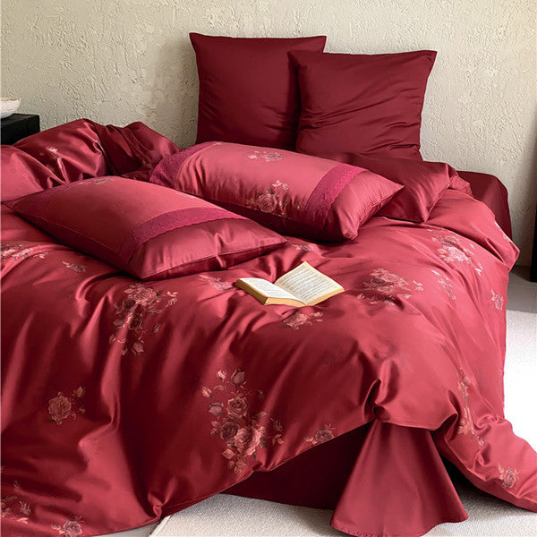 Premium-Satin-Bettwäsche-Garnitur mit dezentem Rosenjacquard und Hotelverschluss