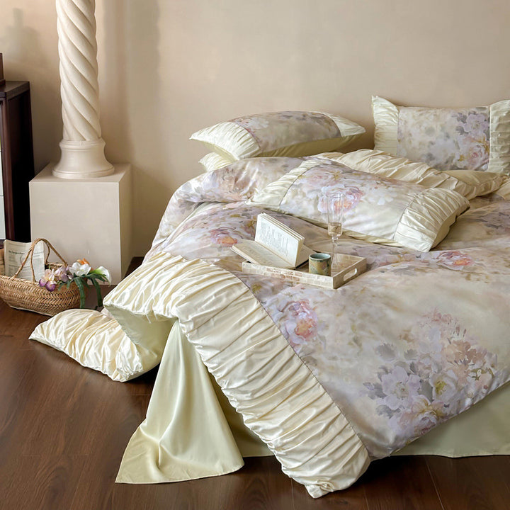 Pastell Aquarell Floral Satin-Trim Rüsch Bettbezug Set