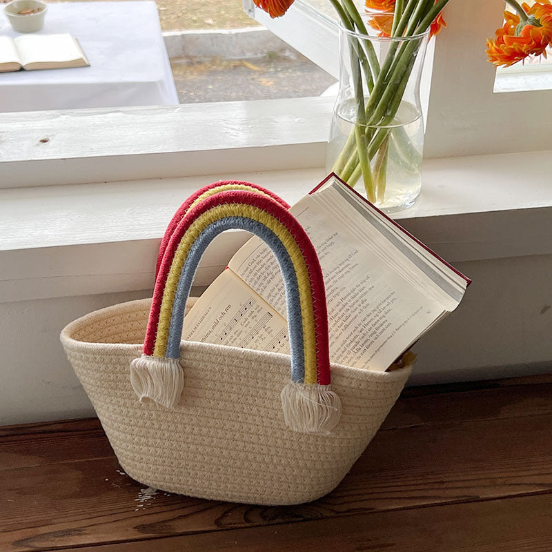 Damen Korbtasche mit buntem Regenbogenhenkel Karnz