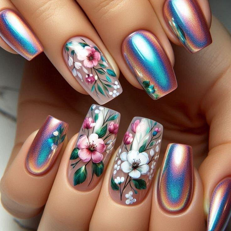 Kunstnägel mit Eleganten Floralen Motiven und Holografischem Effekt Karnz