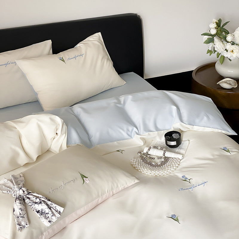 Botanisch besticktes Baumwollsatin Bettbezugset mit Kissenbezügen