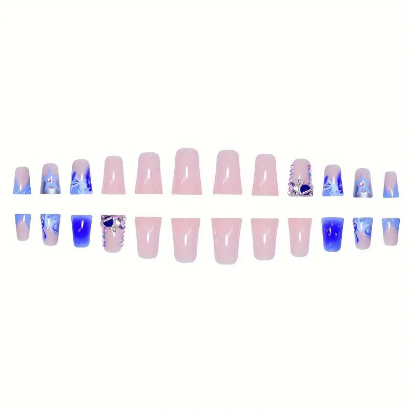 Künstlerisches Acryl Press-On Nagelset mit Edelsteinakzenten Karnz