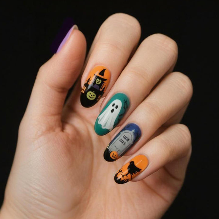 Halloween Kunstnagelset mit gruseligem Geister-, Kürbis- und Spinnenmuster Karnz
