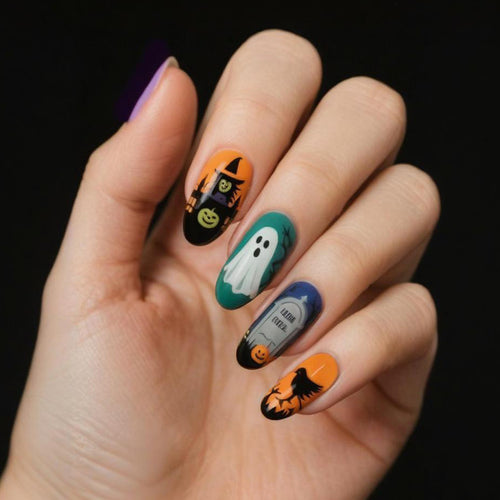 Halloween Kunstnagelset mit gruseligem Geister-, Kürbis- und Spinnenmuster Karnz