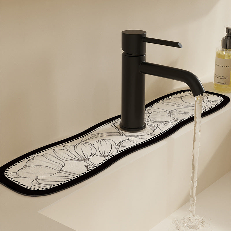 Decorative Semi-Circle Sink Splash Mat with Absorbent Silicone and Floral Sketch Print